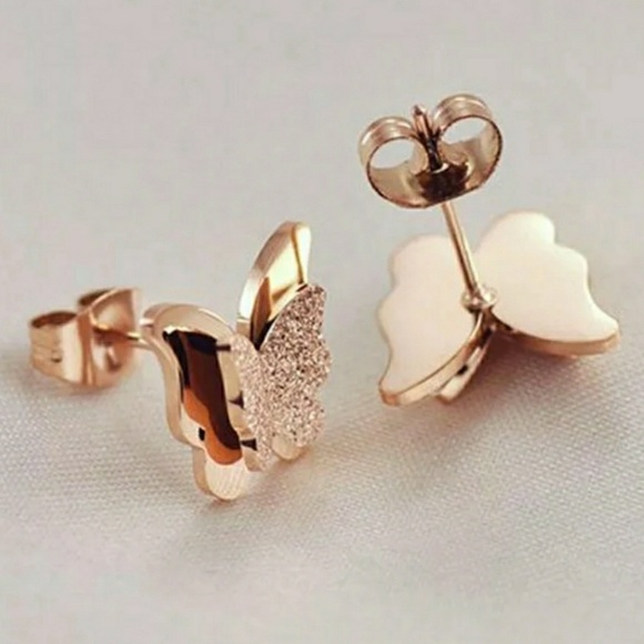 Rose gold stainless steel butterfly earrings. - Picture 5 of 5